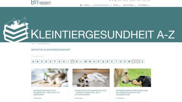 Screenshot des Glossars zur Kleintiergesundheit.